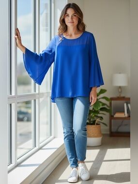 Chiffon Bell-Sleeve Blouse in Cobalt Blue